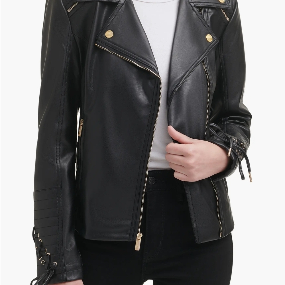 Black Leather Motorcycle Jacket with Gold Accents